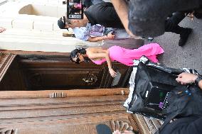PFW - Kim Kardashian Fits A Flashy Pink Outfit At Balenciaga - Paris