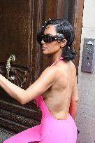 PFW - Kim Kardashian Fits A Flashy Pink Outfit At Balenciaga - Paris