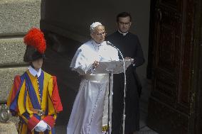 Pope Leo XIV Leads The Angelus Prayer In Castel Gandolfo