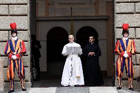Pope Leo XIV Leads The Angelus Prayer In Castel Gandolfo