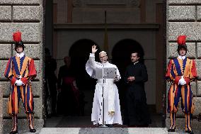 Pope Leo XIV Leads The Angelus Prayer In Castel Gandolfo