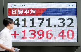 Tokyo stocks end up at 1-year high