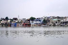 Holy Pushkar Ghats Submerged in Swollen Lake - India