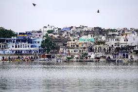 Holy Pushkar Ghats Submerged in Swollen Lake - India