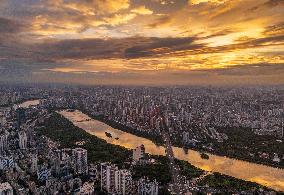 Urban Landscape Reflected by Brilliant Sunset Clouds in Nanning