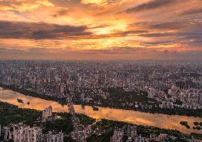 Urban Landscape Reflected by Brilliant Sunset Clouds in Nanning