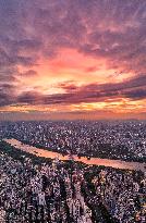 Urban Landscape Reflected by Brilliant Sunset Clouds in Nanning