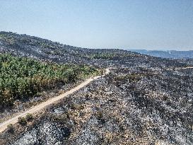 Aerial view of the burned landscape of the Corbières Aude - France