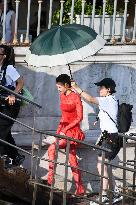 Lily Collins Back at Palazzo Franchetti for Emily in Paris Filming - Venice