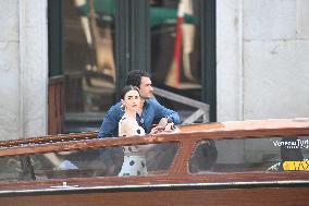Lily Collins and Eugenio Franceschini on Emily in Paris Set - Venice
