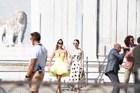 Lily Collins and Ashley Park on Emily in Paris Set - Venice