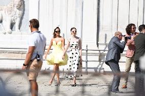 Lily Collins and Ashley Park on Emily in Paris Set - Venice