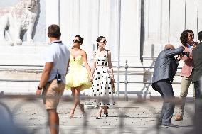 Lily Collins and Ashley Park on Emily in Paris Set - Venice