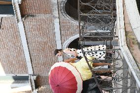 Lily Collins and Ashley Park on Emily in Paris Set - Venice