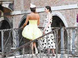 Lily Collins and Ashley Park on Emily in Paris Set - Venice