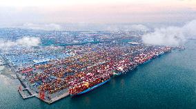 Qingdao Port Qianwan Container Terminal Night View