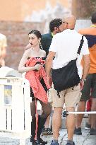 Lily Collins on Emily in Paris Set - Venice