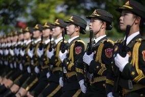 Chinese soldiers practice for military parade