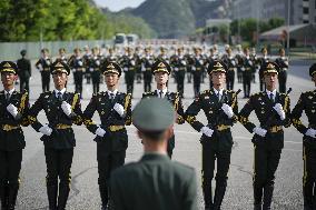 Chinese soldiers practice for military parade