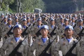 Chinese soldiers practice for military parade