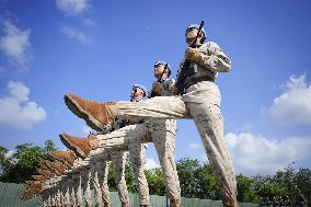 Chinese soldiers practice for military parade