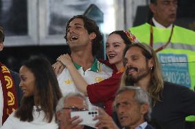 Damiano David And Dove Cameron Attending AS Roma v Bologna FC - Rome