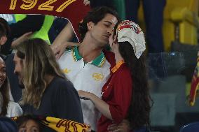 Damiano David And Dove Cameron Attending AS Roma v Bologna FC - Rome