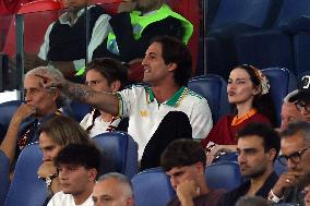 Damiano David And Dove Cameron Attending AS Roma v Bologna FC - Rome