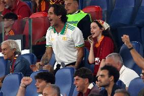 Damiano David And Dove Cameron Attending AS Roma v Bologna FC - Rome