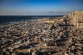 Displaced Palestinians On Al-Rasheed Street - Gaza City