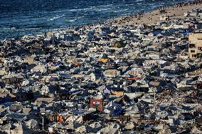 Displaced Palestinians On Al-Rasheed Street - Gaza City
