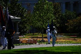Trump greets President Karol Nawrocki of Poland on the South Portico of the White House