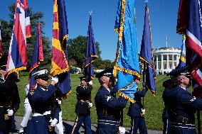 Trump greets President Karol Nawrocki of Poland on the South Portico of the White House