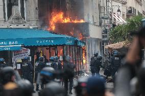 Bloquons-Tout - Restaurant Fire During Protests In Paris - France