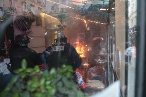 Bloquons-Tout - Restaurant Fire During Protests In Paris - France