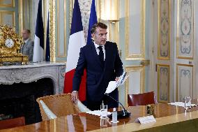 French President Macron Attends A Video Conference On The Situation In The Middle East - Paris