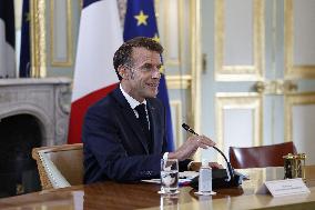 French President Macron Attends A Video Conference On The Situation In The Middle East - Paris