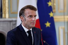 French President Macron Attends A Video Conference On The Situation In The Middle East - Paris