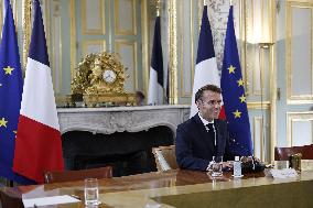 French President Macron Attends A Video Conference On The Situation In The Middle East - Paris