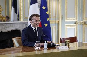 French President Macron Attends A Video Conference On The Situation In The Middle East - Paris