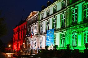 City Hall illuminated in the colors of the Palestinian Flag - Strasbourg
