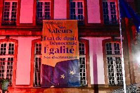 City Hall illuminated in the colors of the Palestinian Flag - Strasbourg