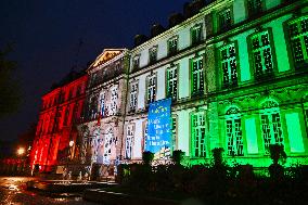 City Hall illuminated in the colors of the Palestinian Flag - Strasbourg
