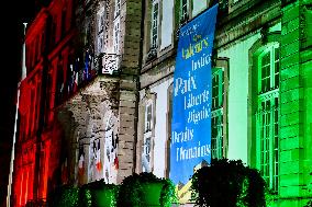 City Hall illuminated in the colors of the Palestinian Flag - Strasbourg