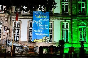 City Hall illuminated in the colors of the Palestinian Flag - Strasbourg
