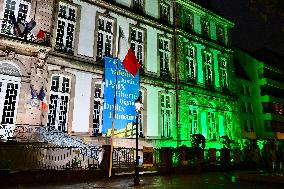 City Hall illuminated in the colors of the Palestinian Flag - Strasbourg