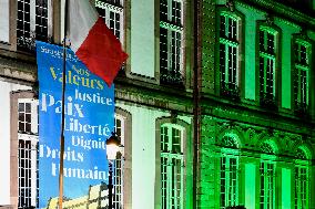City Hall illuminated in the colors of the Palestinian Flag - Strasbourg