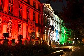 City Hall illuminated in the colors of the Palestinian Flag - Strasbourg