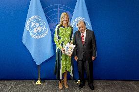 Queen Maxima Presents Her Annual Report To Antonio Guterres At United Nations - NYC