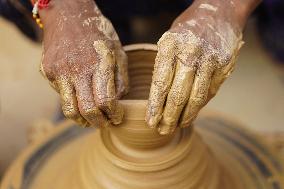 Indian Potter Gives Final Touches to Karva Pot - Ajmer